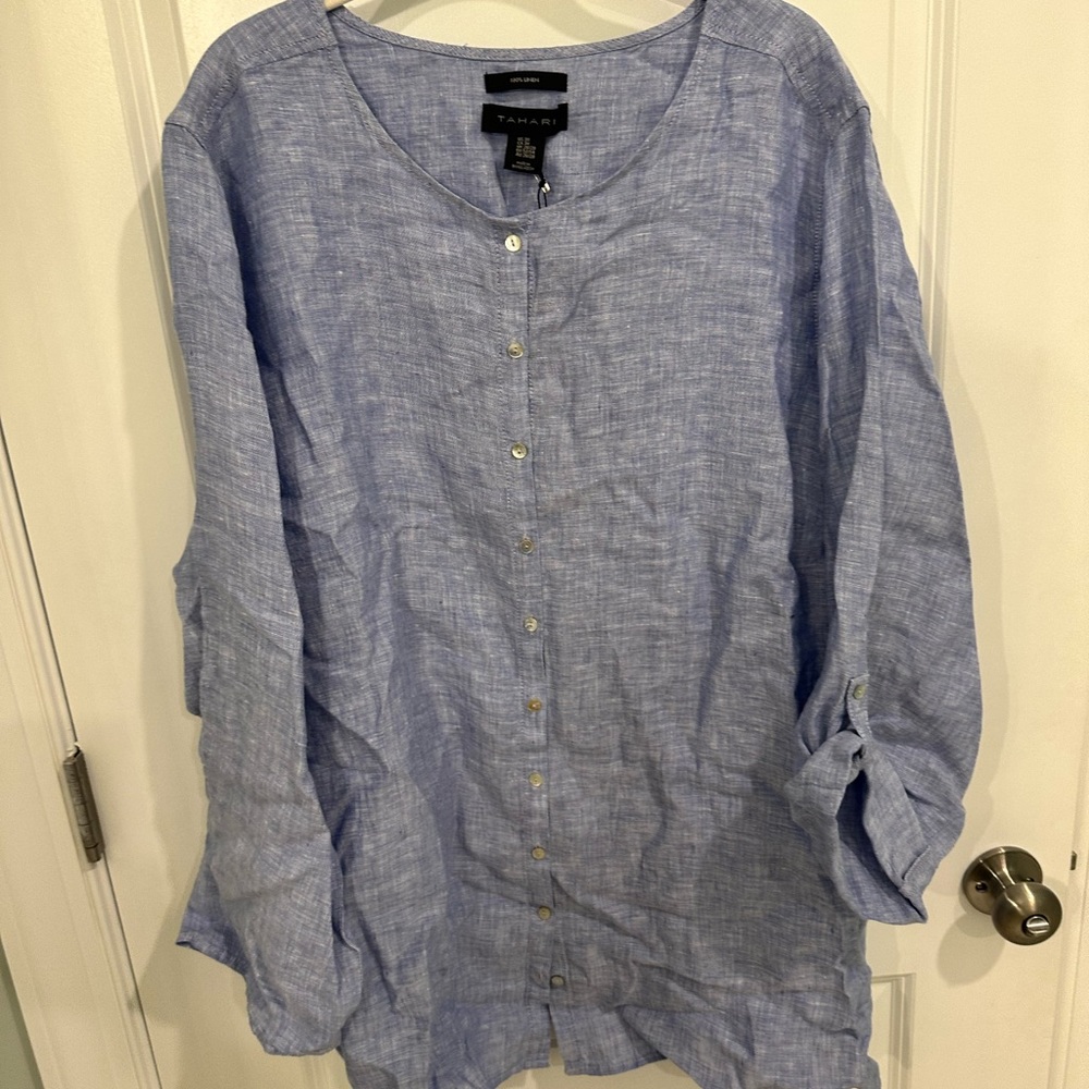 Tahari Womens 3x Blue Linen Tunic